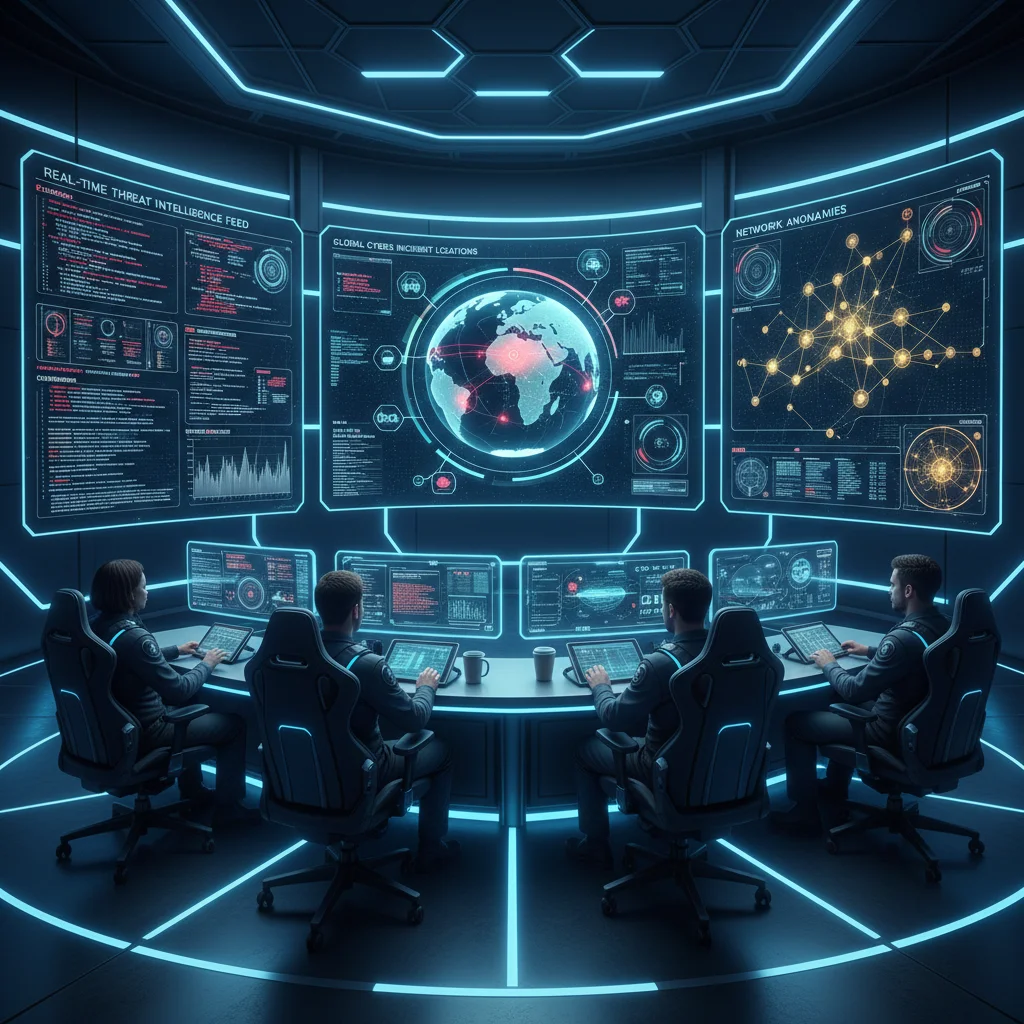 Cybersecurity command center with analysts monitoring real-time threat intelligence and network anomalies.