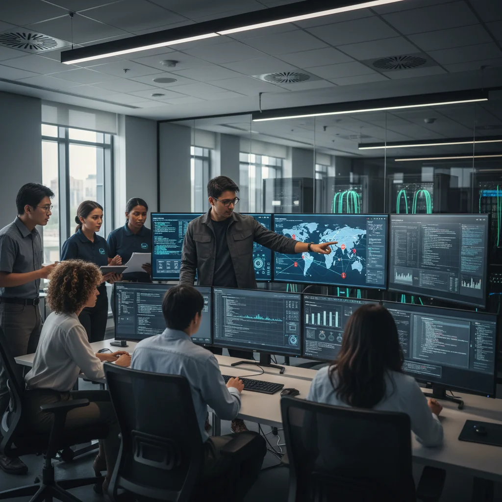 Cybersecurity team collaborating in a security operations center.
