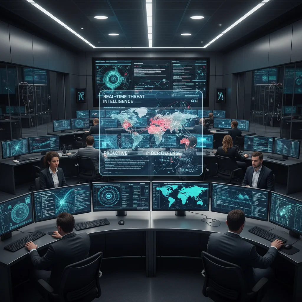 Cybersecurity analysts monitoring global threat intelligence in a high-tech control room