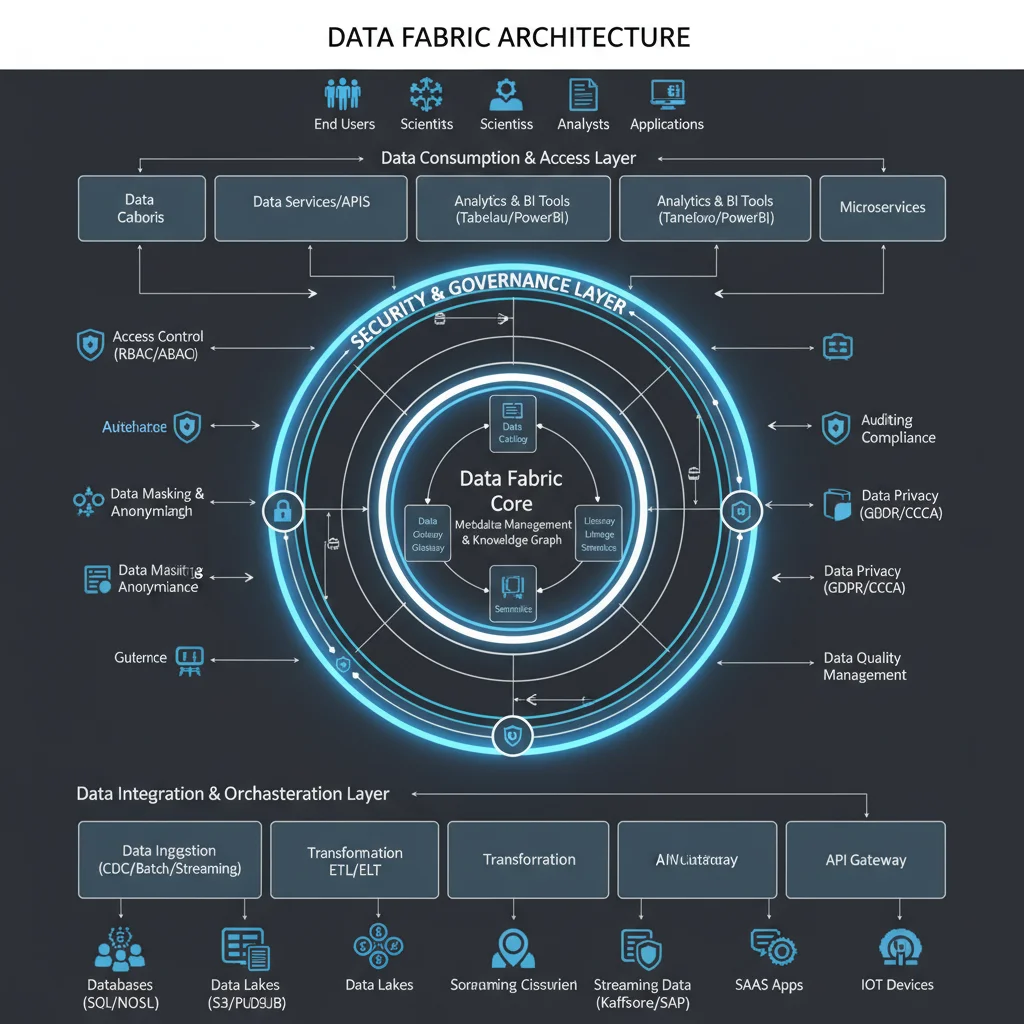 Architectural diagram of a robust data fabric solution for enterprise data management