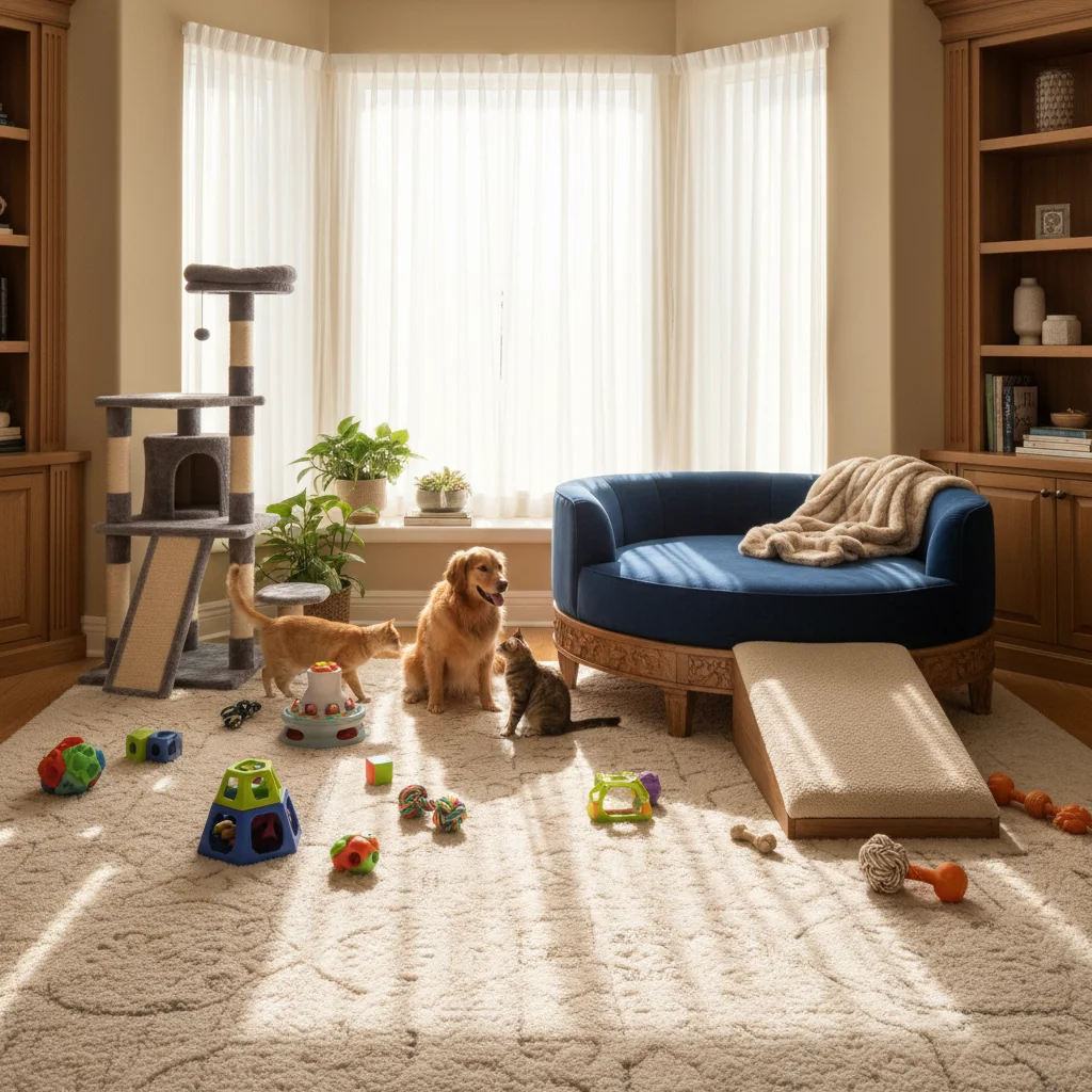 Dedicated pet play area with scratch posts, puzzle toys, and comfortable resting spots for cats and dogs, enhancing their well-being.