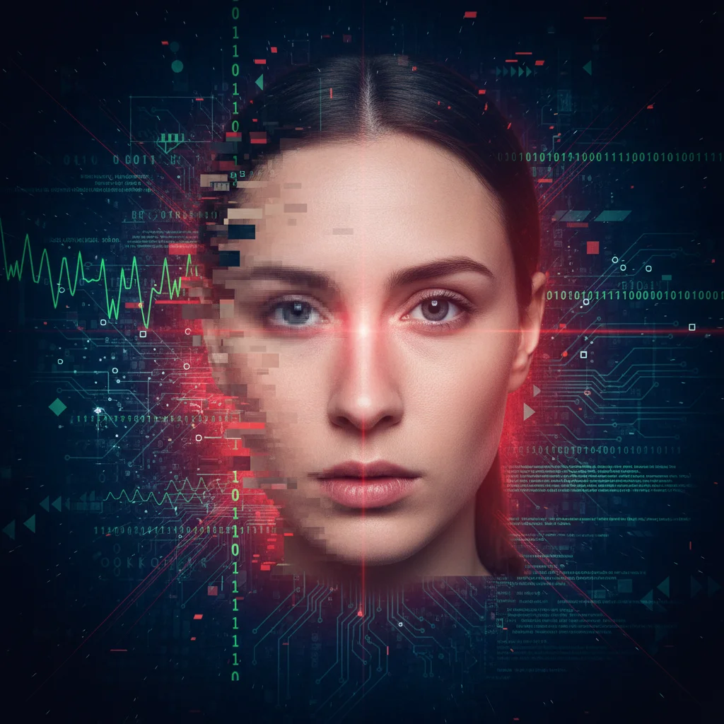 Deepfake technology visual representation with code and digital interfaces