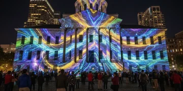 Futuristic digital art projection on historic American building, engaging viewers.