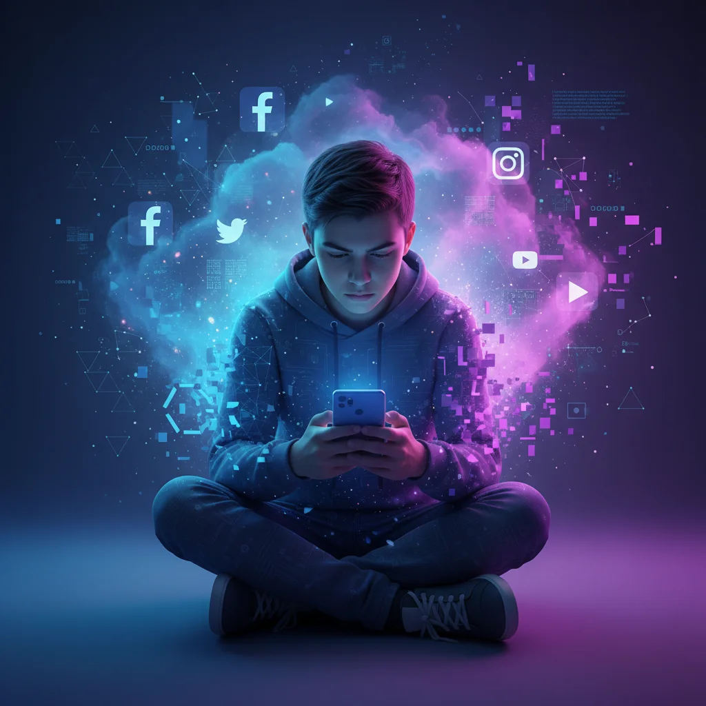 Young person engaging with a smartphone amidst digital graphics, symbolizing digital citizenship.