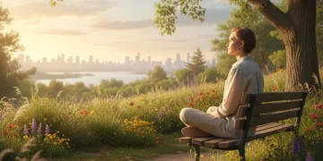 Person enjoying nature, free from smartphone, representing digital detox success.