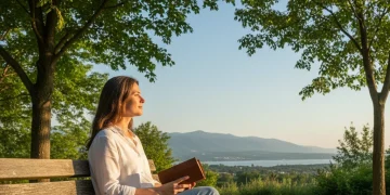 Person enjoying nature, reading a book, disconnected from digital devices, promoting mental peace.