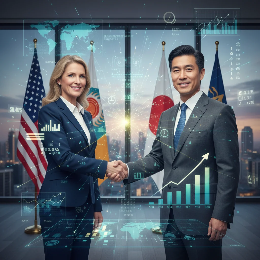 Diplomats shaking hands, symbolizing successful US trade negotiations and alliances.