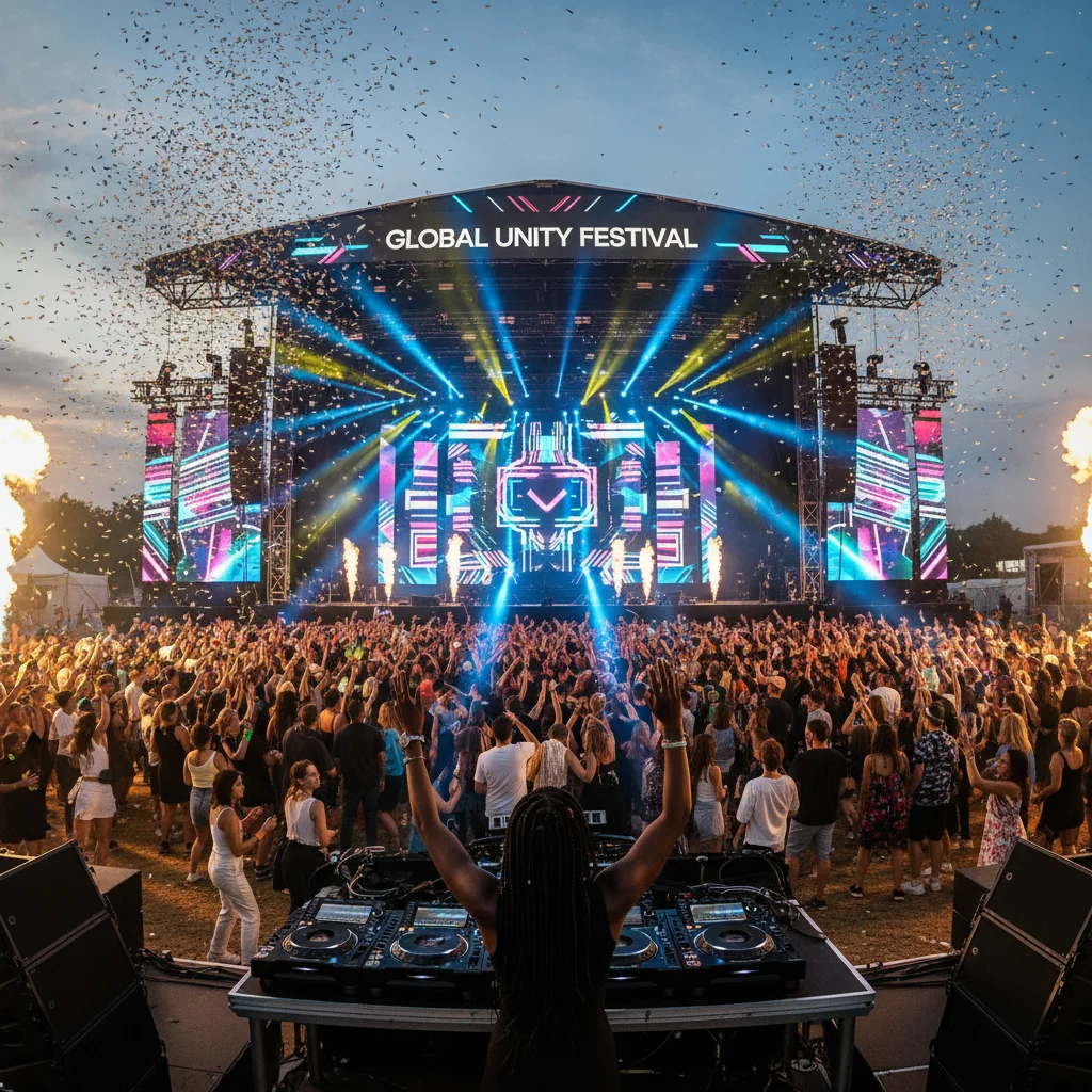 DJ performing at an outdoor music festival with colorful lights and energetic crowd