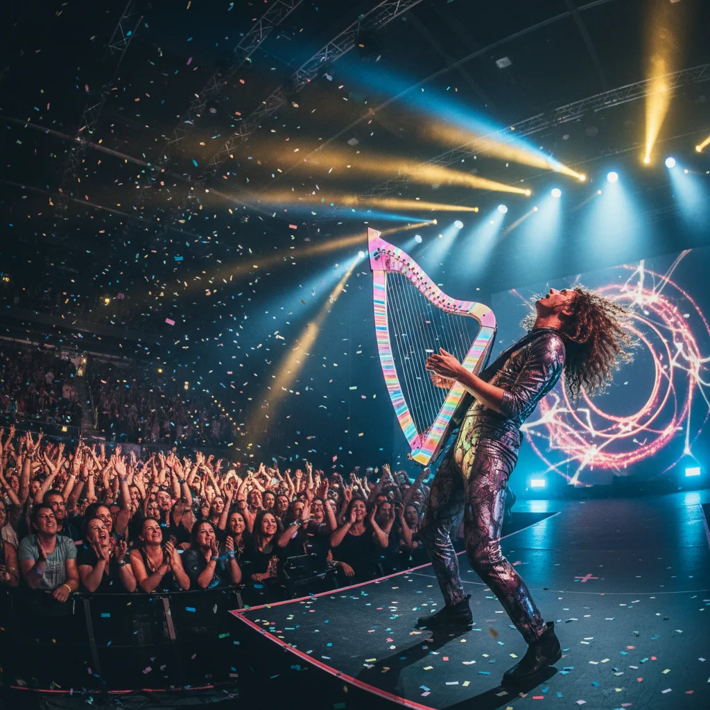 Musician performing live with an innovative instrument to a cheering crowd.