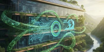 Futuristic eco-friendly data center with green AI carbon reduction projections.