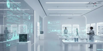 Modern retail store with data visualizations, emphasizing real-time edge AI processing for efficiency.