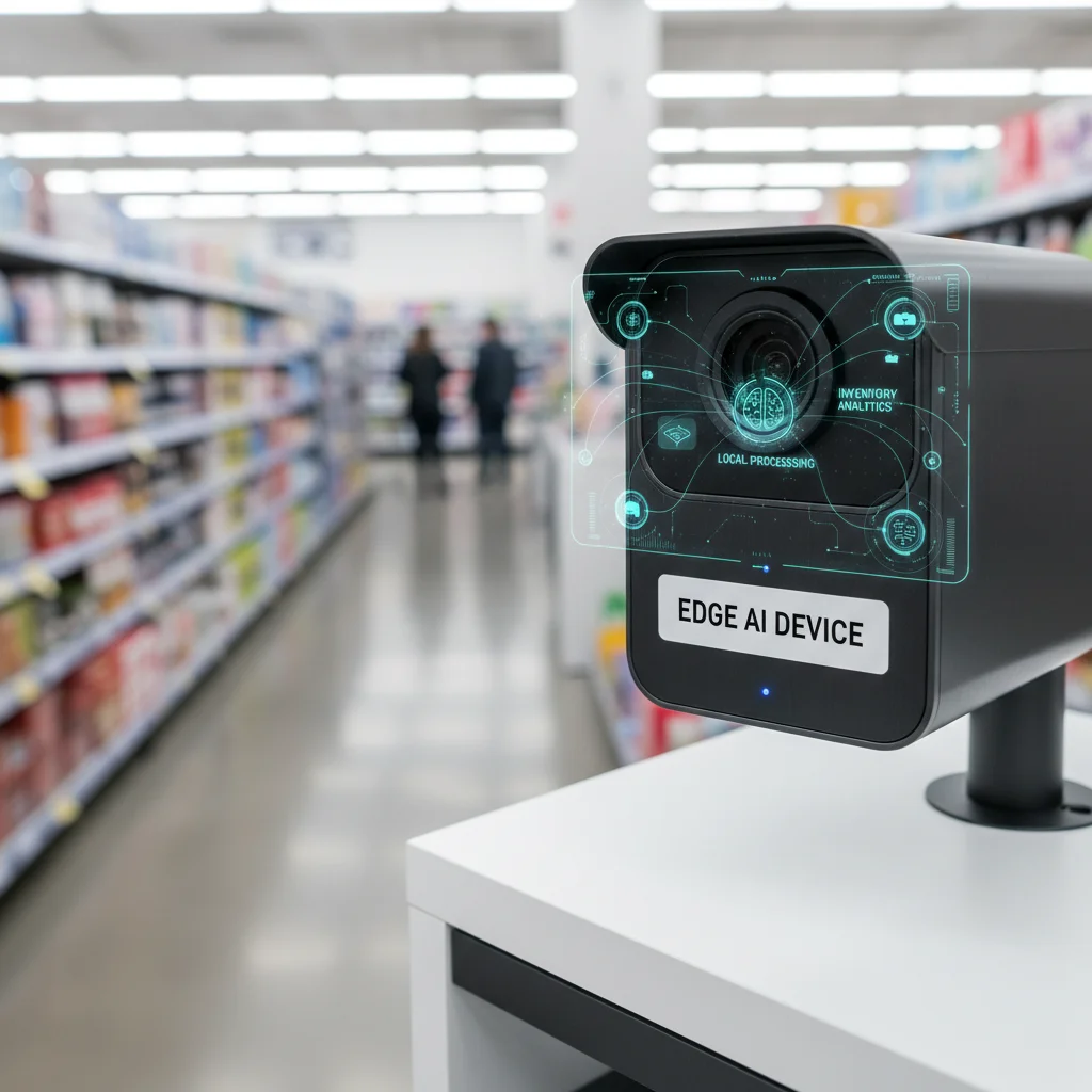Smart camera with Edge AI processing customer behavior and inventory in a retail setting.