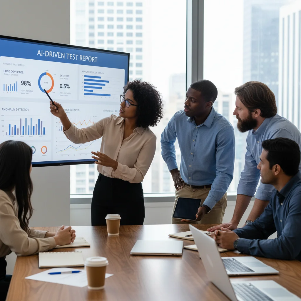 U.S. software engineers analyzing AI-driven test reports and analytics collaboratively.