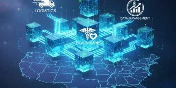 Futuristic blockchain network connecting diverse US industries