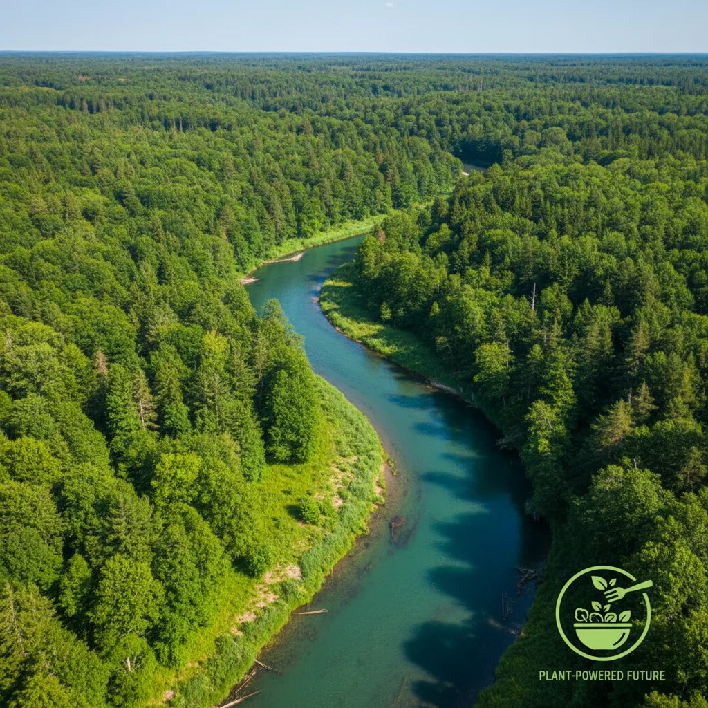 Lush forest and river scene symbolizing environmental benefits, with a subtle plant-based food graphic.