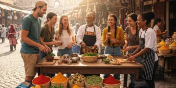 Travelers enjoying a local cooking class, experiencing cultural immersion