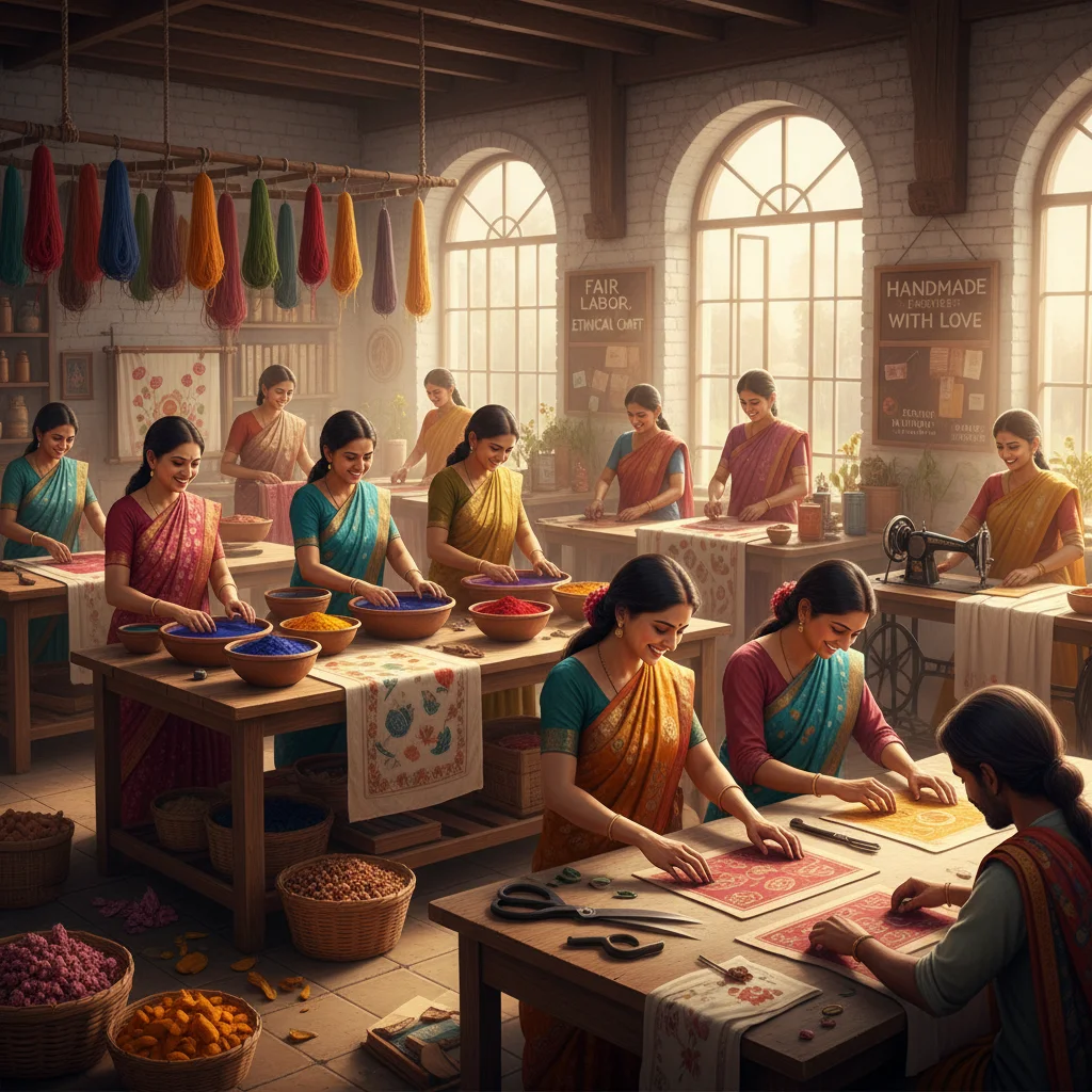 Artisans happily working in a fair trade fashion workshop, creating garments.