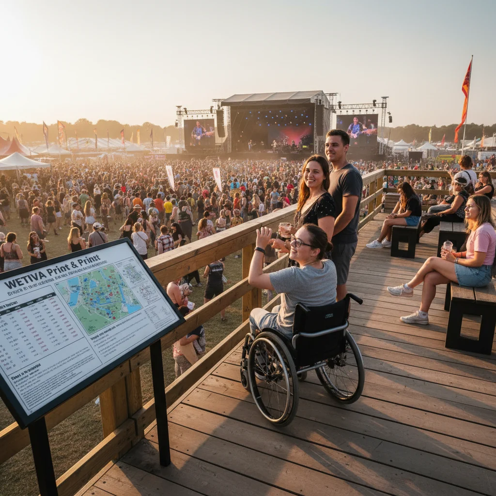 Accessible viewing platform at a festival, person in wheelchair enjoying performance.
