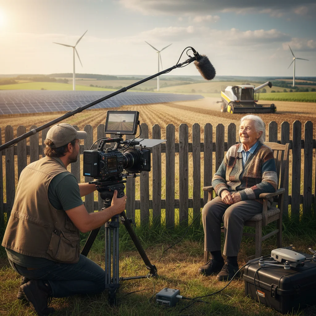 Filmmaker interviewing an elder in a rural setting, capturing societal changes.