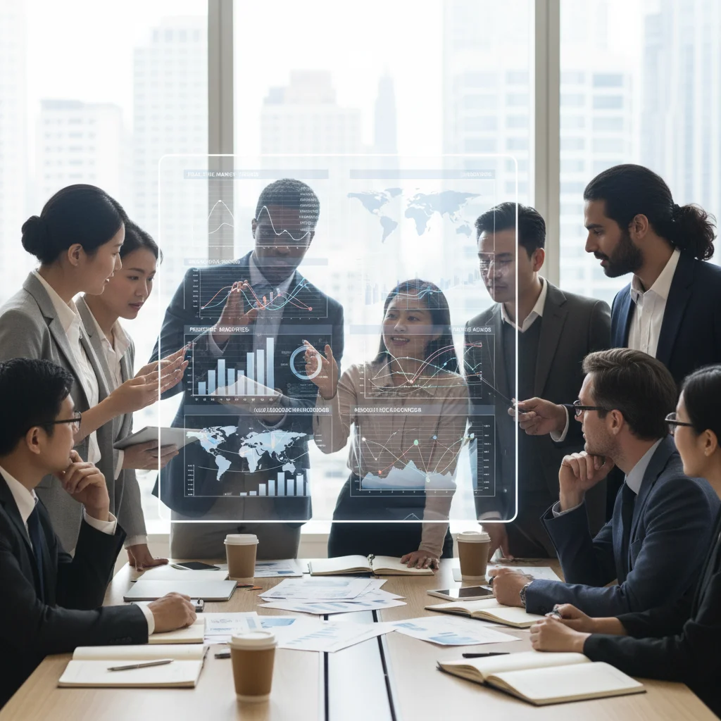 Financial team collaborating with data fabric insights for strategic decision-making