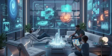 Family enjoying future at-home entertainment with VR and interactive screens