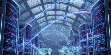 Futuristic cloud computing data center with digital connections
