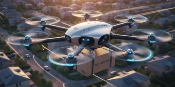 Futuristic drone delivering package over suburban homes at sunset