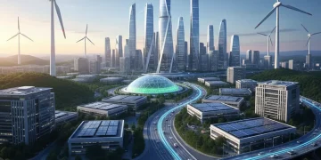 Futuristic city with green energy infrastructure
