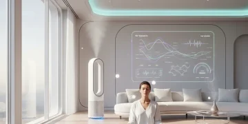 Futuristic living room with integrated smart home wellness devices promoting health and tranquility.