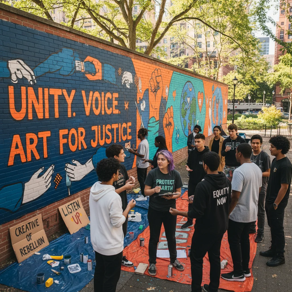 Gen Z engaging in a community art project for social justice, demonstrating purpose-driven creativity.
