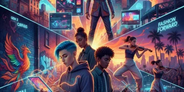 Gen Z individuals interacting with diverse art forms, reflecting their cultural impact on American arts.