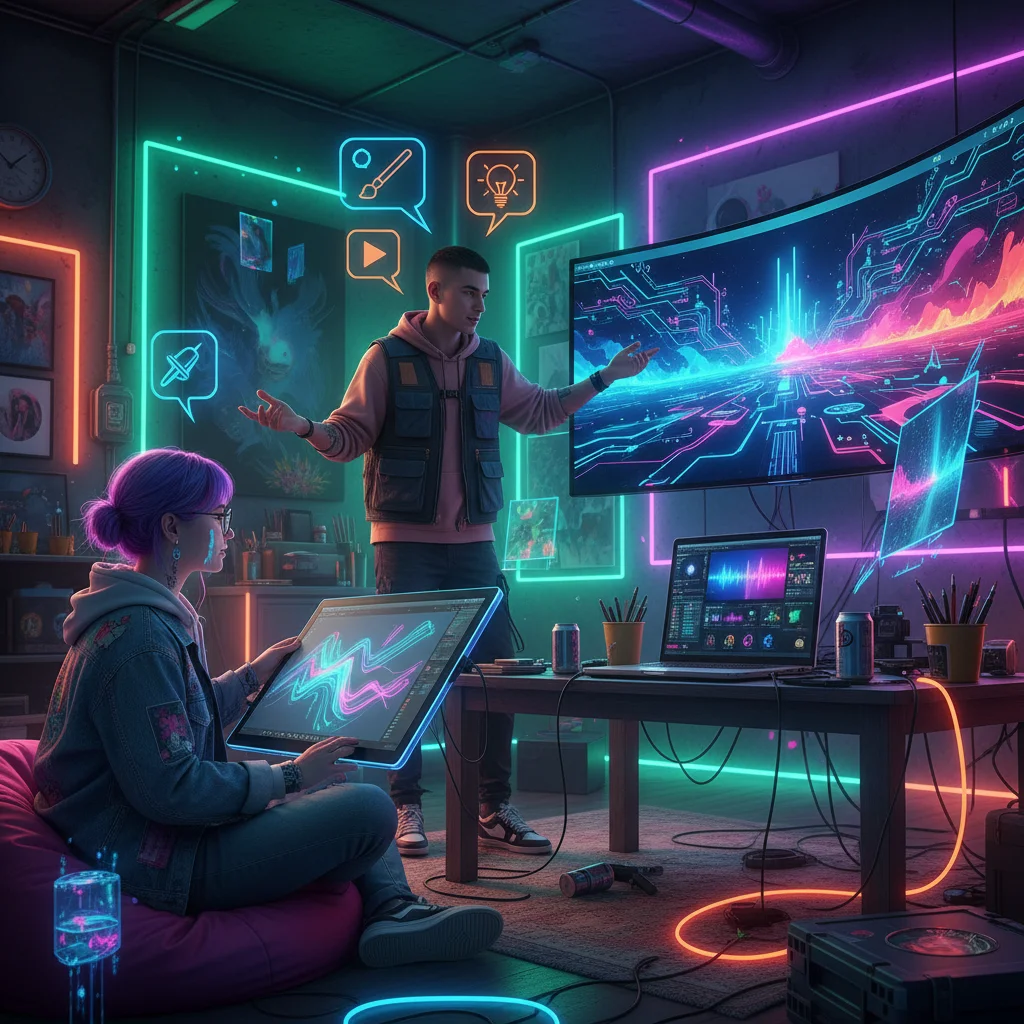 Gen Z artists collaborating on a digital art project, showcasing their digital-native creativity.