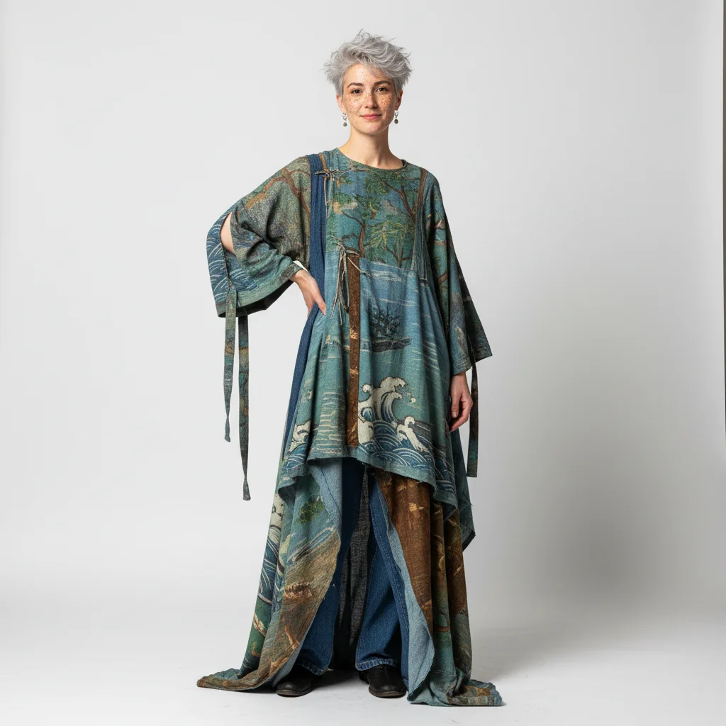 Non-binary model in gender-fluid, recycled clothing, reflecting authenticity and self-acceptance in modern fashion.