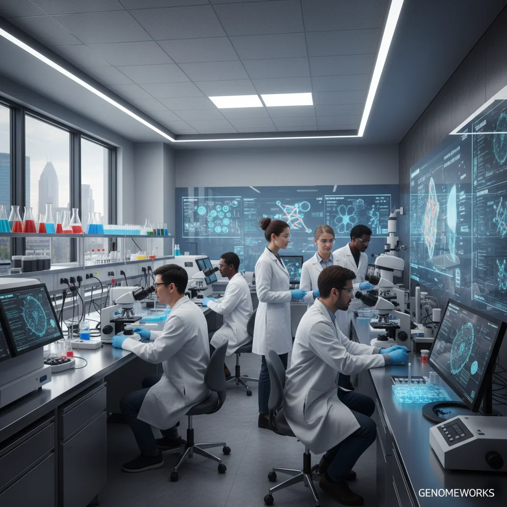 Scientists collaborating on gene-editing research in a modern lab