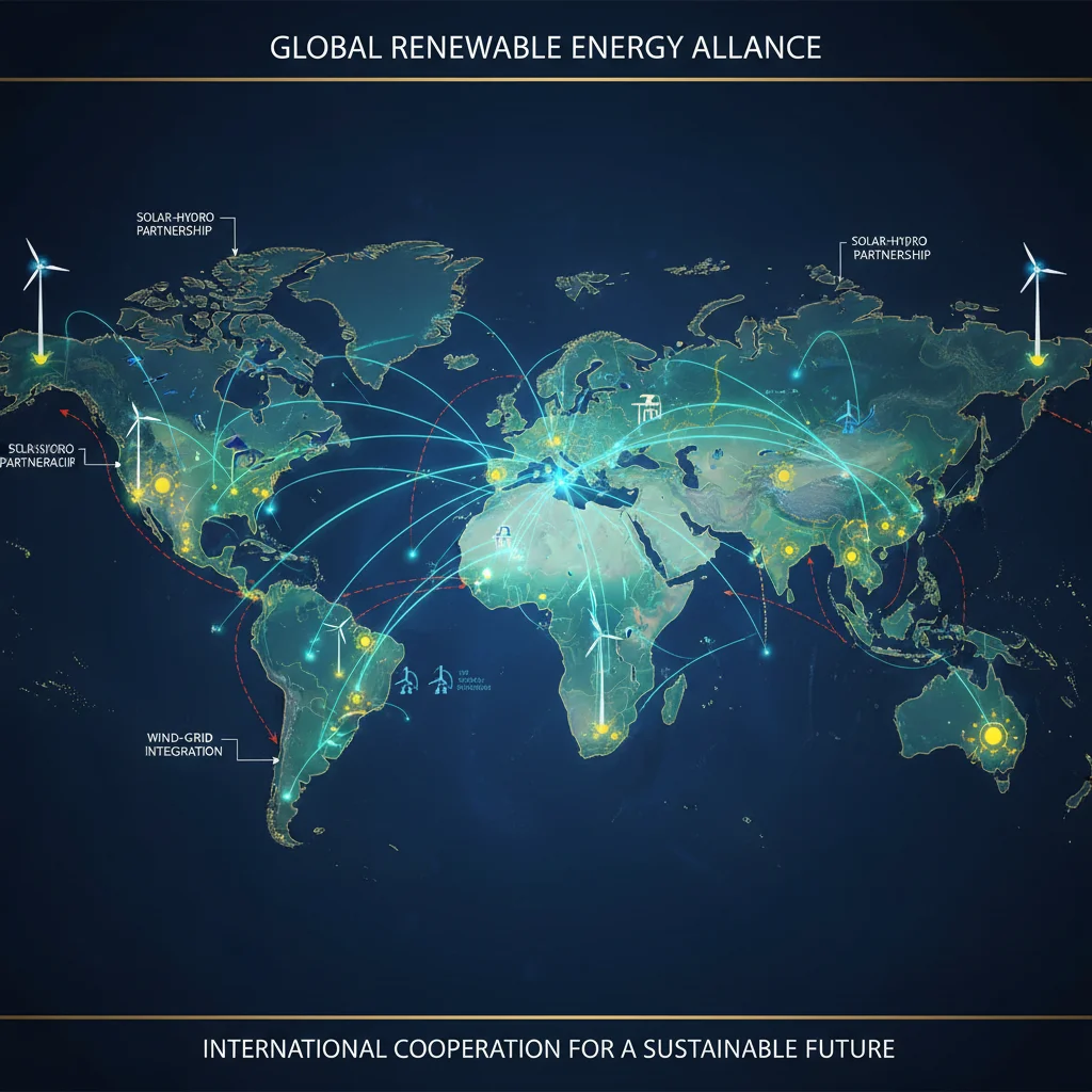 World map showing interconnected renewable energy grids and new geopolitical alliances.