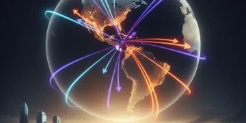 Global migration routes converging on the United States, illustrating diverse human movement across continents.