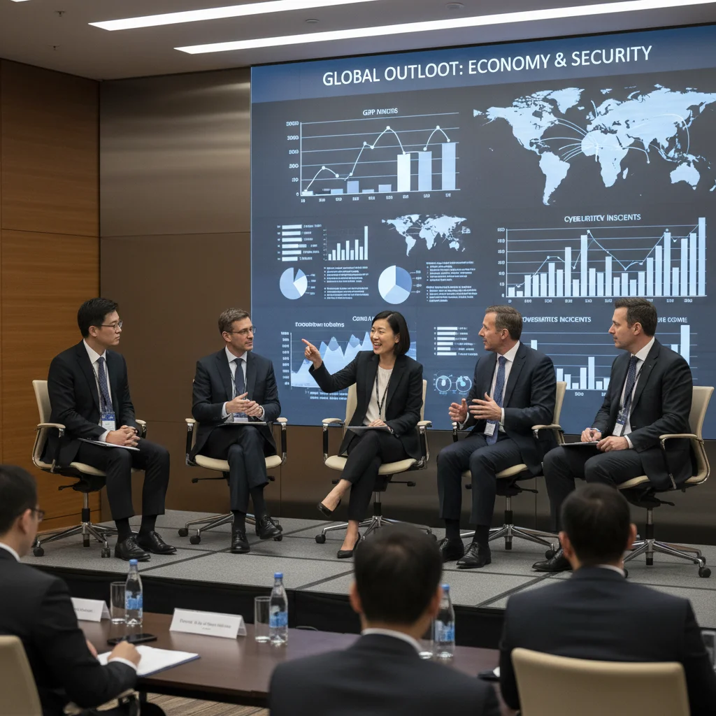International policy experts discussing global security and economic challenges.