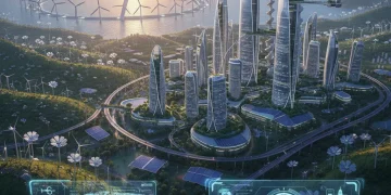 Futuristic skyline with integrated wind turbines and solar panels symbolizing global renewable energy transition.