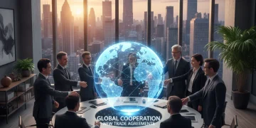 International business leaders shaking hands over a holographic globe, representing new 2026 global trade agreements and partnerships.
