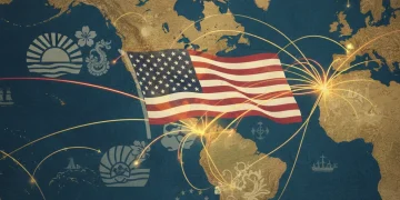 Global trade map with US flag, symbolizing strategic economic partnerships and competition.