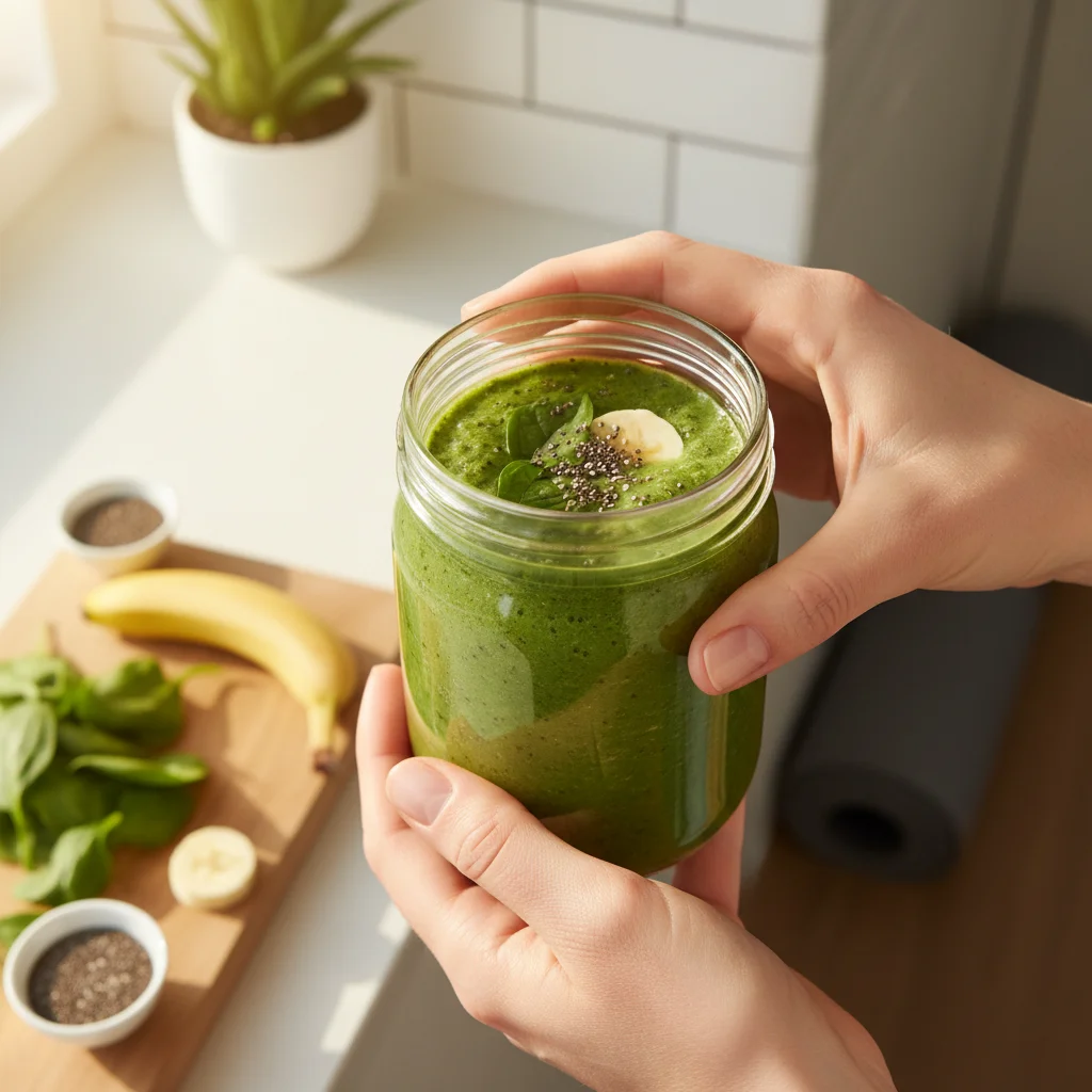Hands holding a vibrant green smoothie, representing healthy vegan beverage choices and personal wellness.