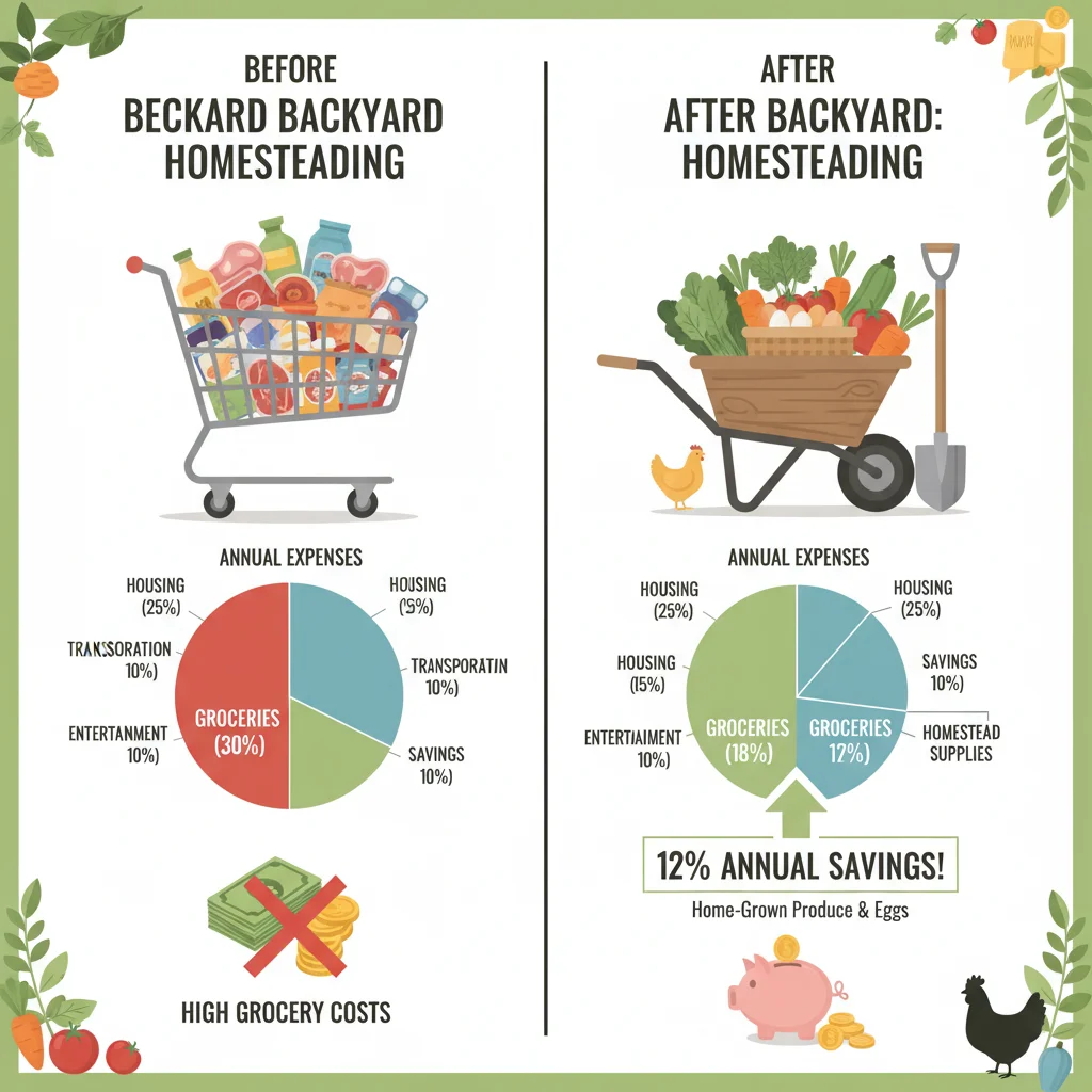 Infographic showing a 10% reduction in grocery expenses after adopting backyard homesteading practices.