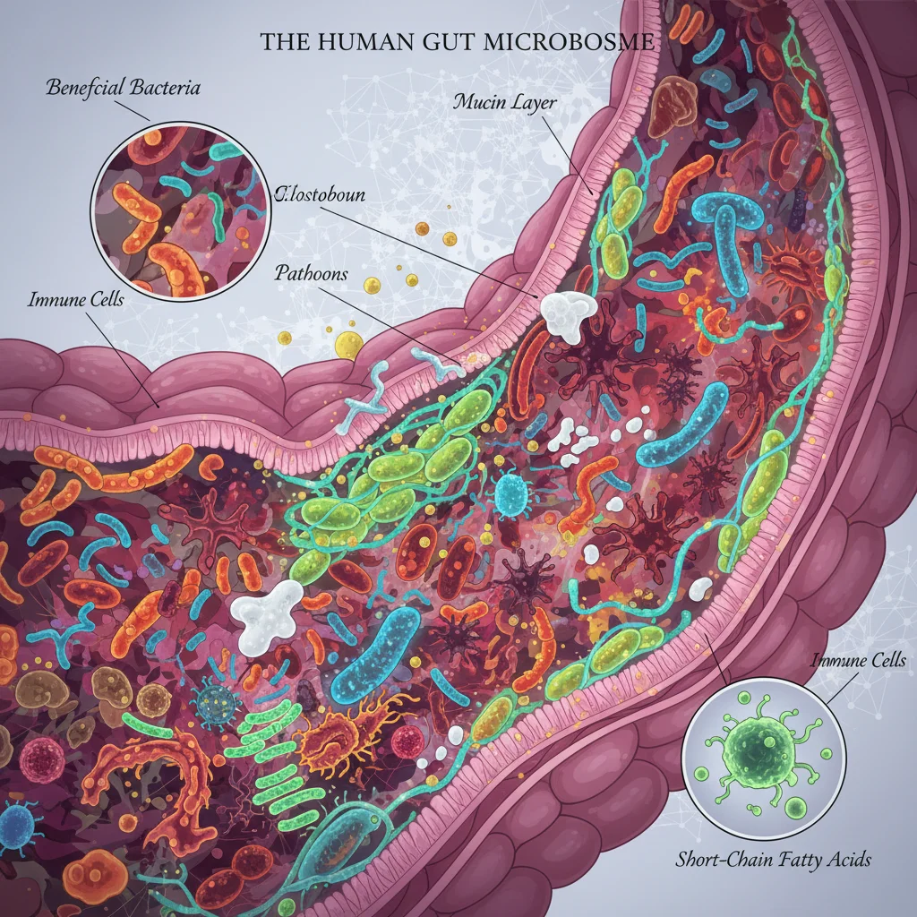 Intricate illustration of diverse gut microbiome interacting in the human intestine.