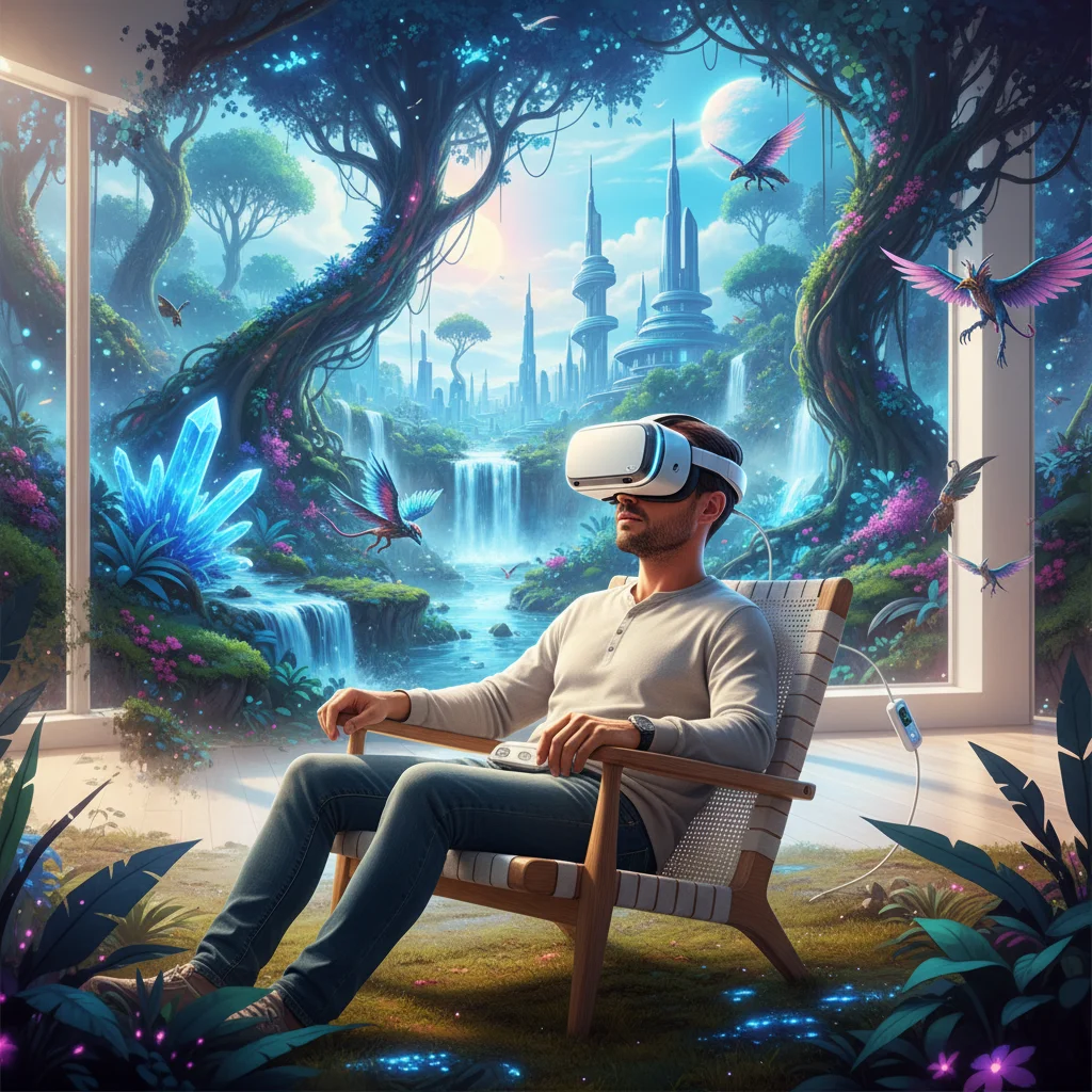 Person immersed in hyper-realistic virtual reality gaming experience
