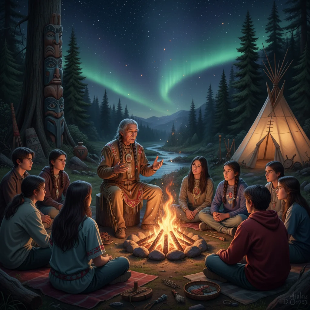 Indigenous elder sharing stories with youth