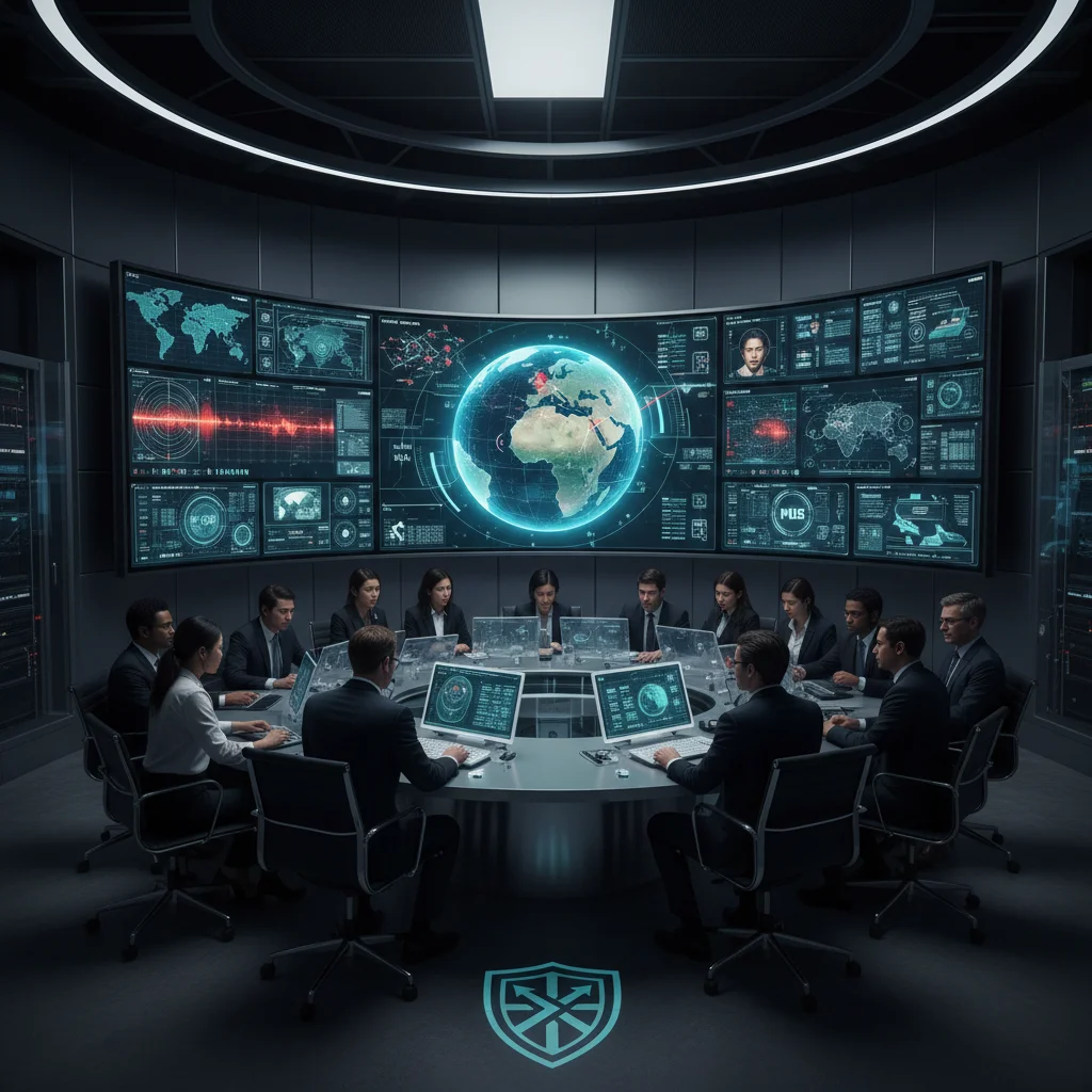 Intelligence analysts collaborating in a modern operations center