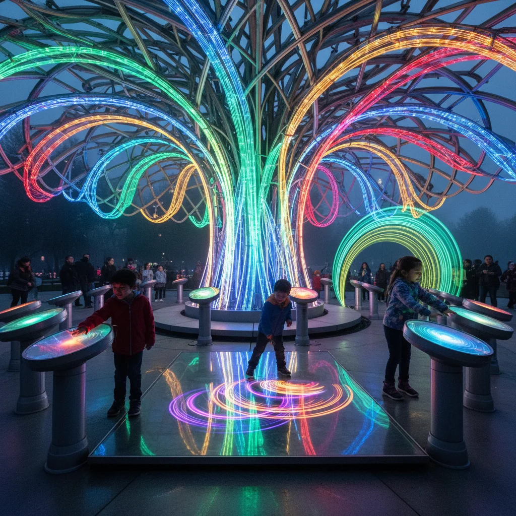 Interactive light sculpture in a park, with children playing and causing color shifts.