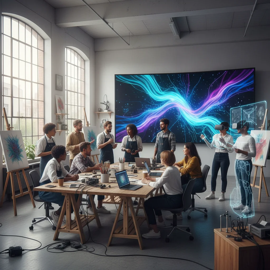 Artists and technologists brainstorming in a modern studio with digital art displays.