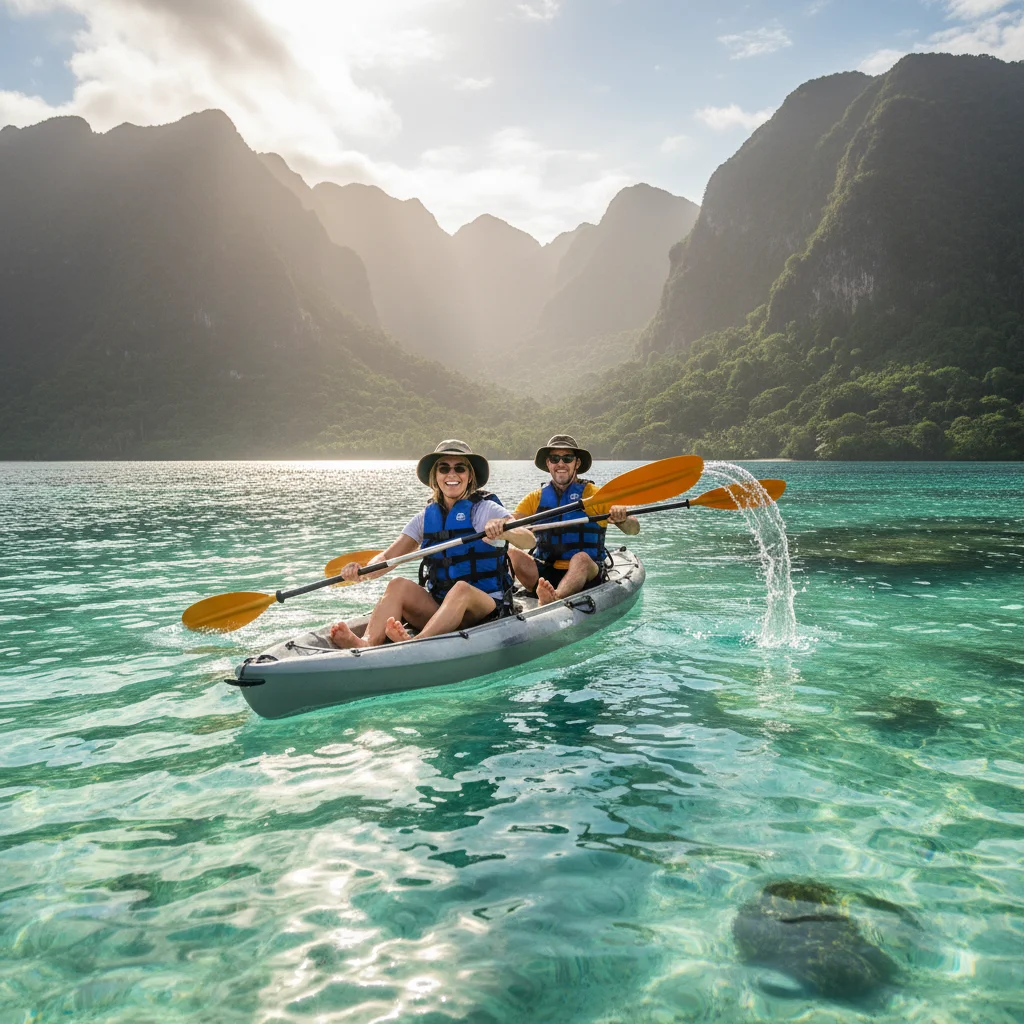Couple kayaking in clear waters surrounded by mountains, active travel