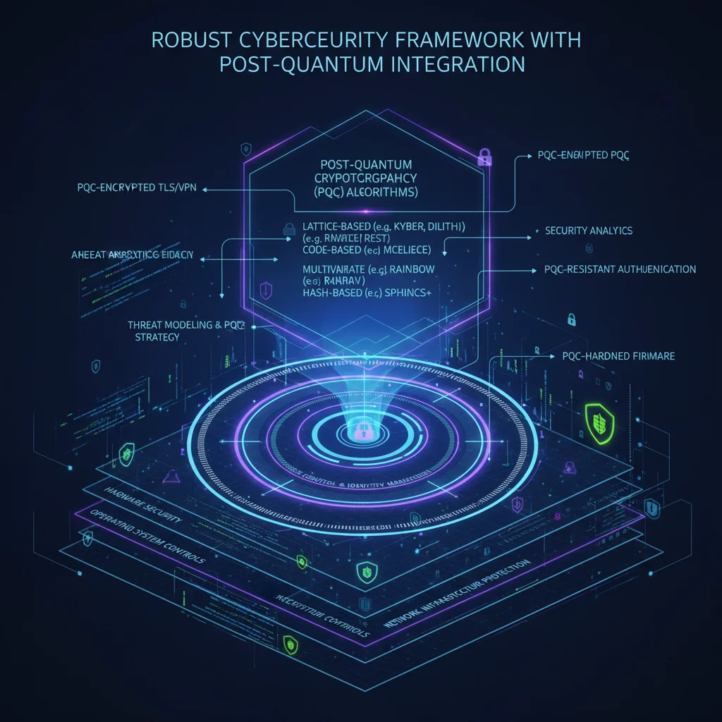 Detailed diagram of a multi-layered cybersecurity framework with post-quantum elements.